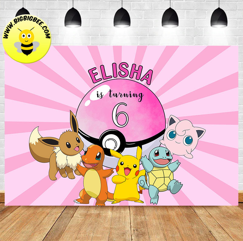 Custom Pokemon Pikachu Misty Pink Birthday Banner Backdrop