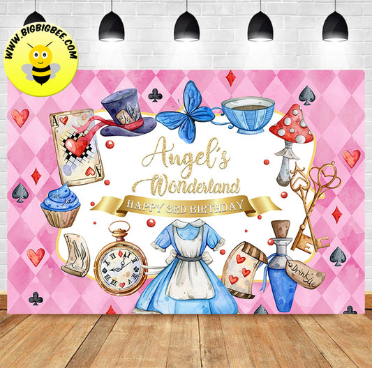 Custom Alice in Wonderland Pink Color Theme Birthday Backdrop Banner