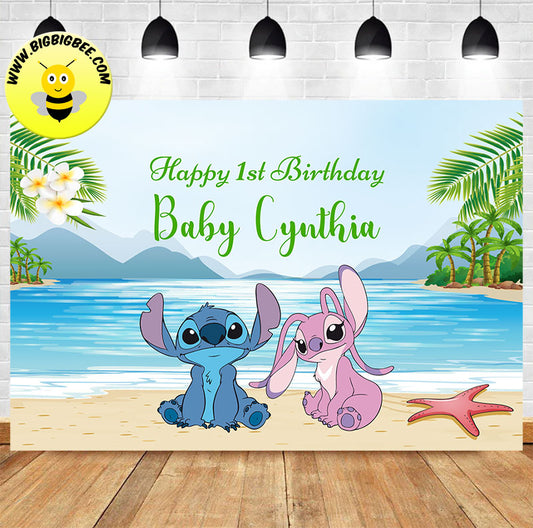 Custom Lilo and Stitch Angel Hawaii Theme Birthday Backdrop Banner Deliver to USA UK Australia Canada