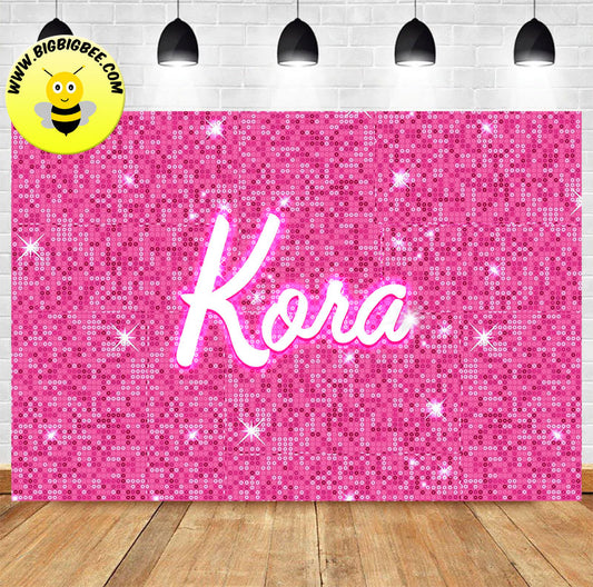 Custom Pink Glitter Barbie Theme Birthday Backdrop Banner