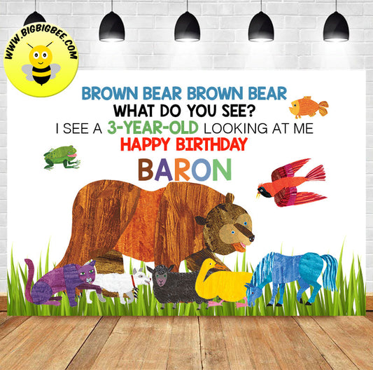 Custom Brown Bear What Do You See Theme Birthday Backdrop Banner Deliver to USA UK Australia Canada