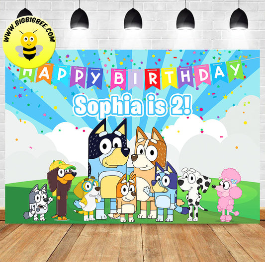 Custom Bluey Family Theme Birthday Backdrop Banner