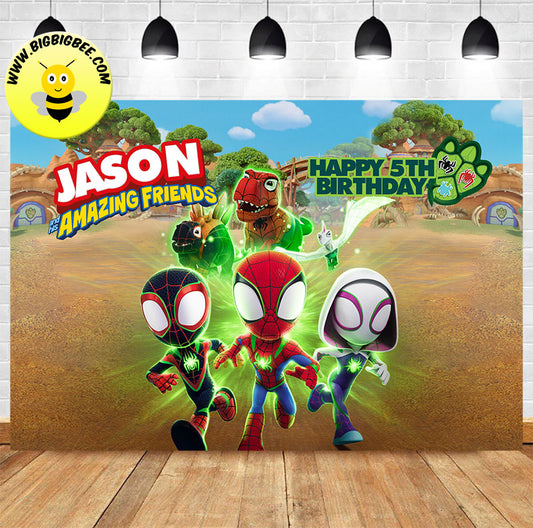 Custom Spidey and His Amazing Friends Go Dino-Webs Go! Background Theme Birthday Backdrop Banner