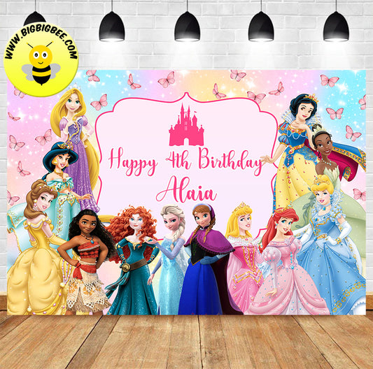 Custom Personalised Disney Princesses Castle Theme Birthday Backdrop Banner Deliver to USA UK Australia Canada