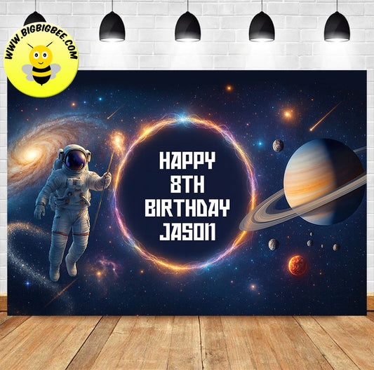 Custom space-themed birthday backdrop banner featuring an astronaut floating among stars and planets, with a galaxy background and personalized birthday text for a birthday celebration.