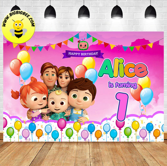 Custom Cocomelon Pink Theme Baby Birthday Backdrop Banner