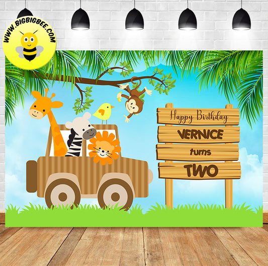 Custom Animals Riding on Jeep Birthday Backdrop Banner