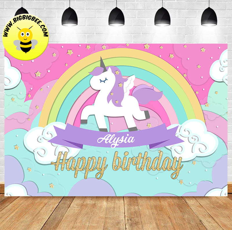 Rainbow Unicorn Backdrop Happy Birthday Party Decorations Banner for Girls  5x3ft