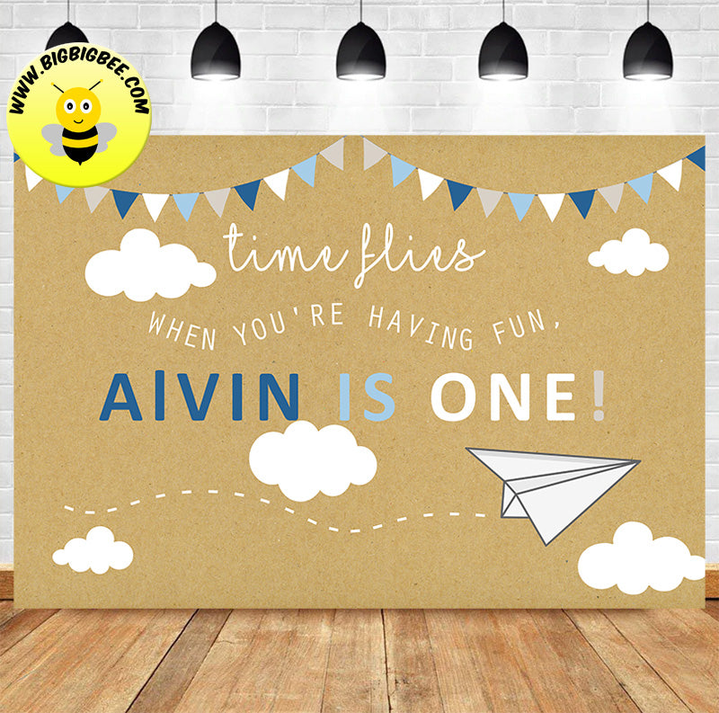 Custom Time Flies Paper Plane Theme Birthday Backdrop Banner