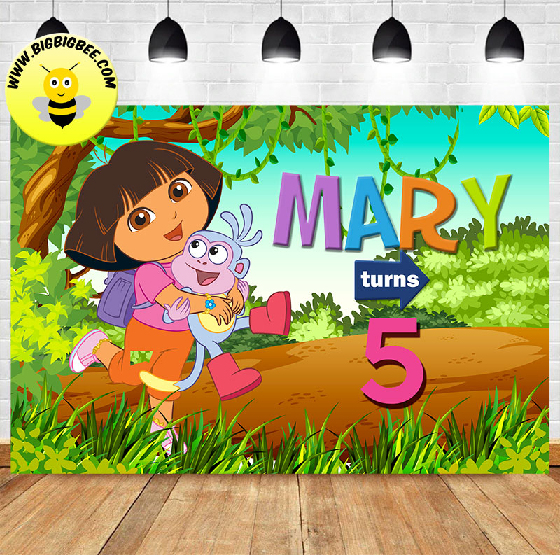 Custom Dora the Explorer Boots Monkey Theme Birthday Backdrop – BigBigBee Party Sign custom-dora-the-explorer-boots-monkey-theme-birthday-backdrop-bigbigbee-party-sign