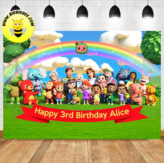 Custom Cocomelon Friends Families Rainbow Theme Baby Birthday Backdrop Banner