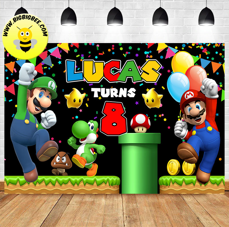 Custom Super Mario Bros Supermario Luigi Black Theme Birthday Backdrop Banner