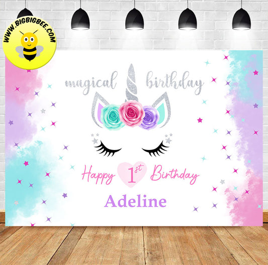 Custom Pastel Watercolor Unicorn Theme Birthday Backdrop Banner