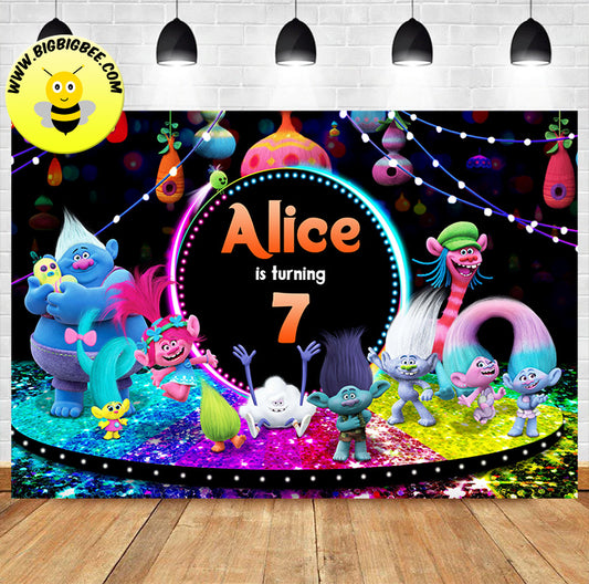 Custom Trolls Black Theme Birthday Backdrop Banner