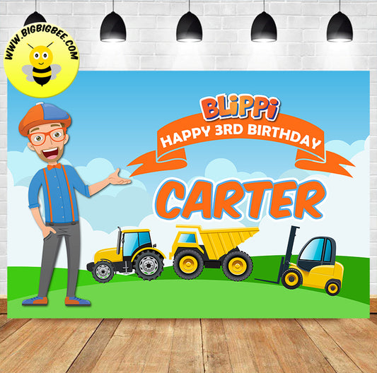Custom Blippi Construction Tractor Forklift Dump Truck Birthday Banner Backdrop