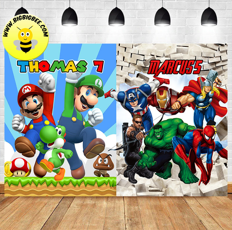 Custom Avengers Super Mario Birthday Backdrop Banner Deliver to USA UK Australia Canada