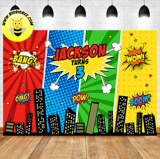 Custom Superhero Animated Building Birthday Backdrop Banner
