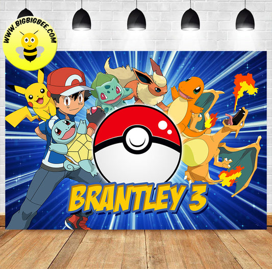 Custom Pokemon Pikachu Ash Ketchum Bulbasaur Pokeball Birthday Banner Backdrop