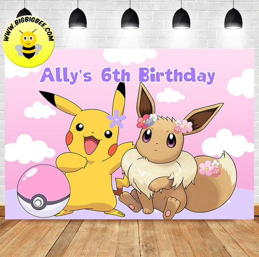 Custom Pokemon Eevee Pink Theme Birthday Backdrop Banner
