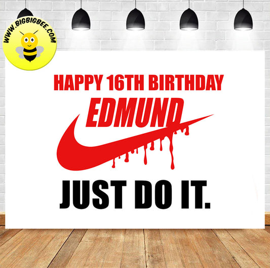 Custom Nike Just Do It Logo Red Black Theme Birthday Backdrop Banner Deliver to USA UK Australia Canada