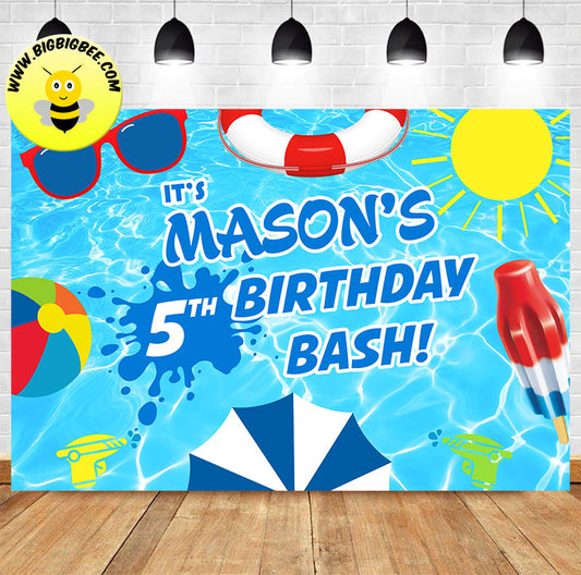 Custom Splish Splash Swimming Pool Summer Theme Birthday Backdrop Banner
