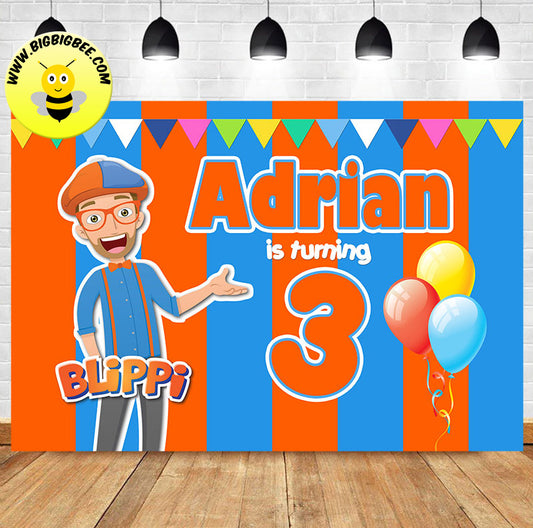 Custom Blippi Blue Orange Theme Birthday Backdrop Banner
