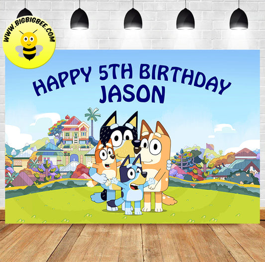 Custom Bluey Family Theme Birthday Backdrop Banner