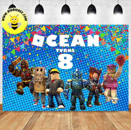 Custom Roblox Video Game Blue Theme Birthday Backdrop Banner