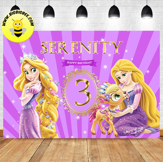 Custom Personalised Princess Rapunzel Deer Purple Theme Birthday Backdrop Banner