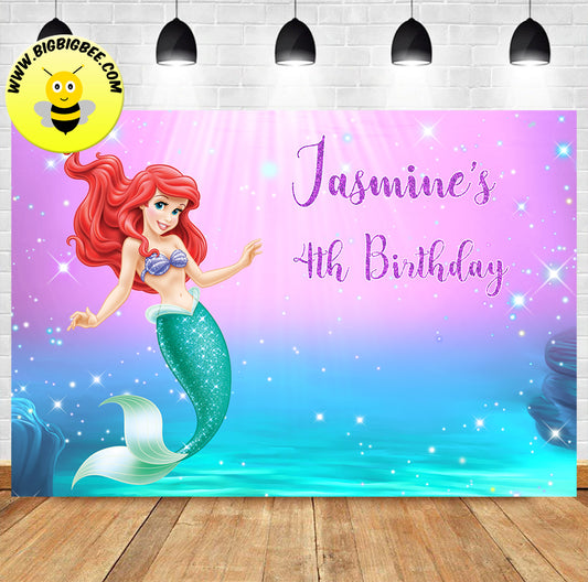 Custom Disney Princess Ariel The Little Mermaid Birthday Backdrop Banner Deliver to USA UK Australia Canada