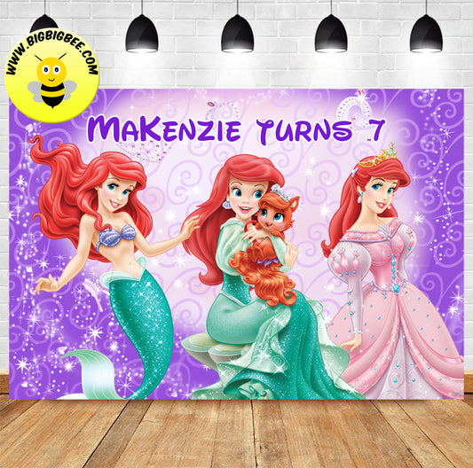 Custom Disney Princess Ariel The Little Mermaid Theme Birthday Banner Backdrop Deliver to USA UK Australia Canada