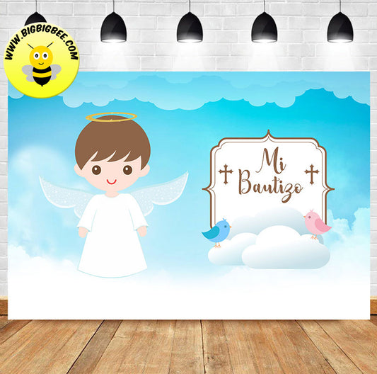Custom Mi Bautizo Cute Angel Blue Sky Theme Christian Baptism Backdrop Banner Deliver to USA UK Australia Canada
