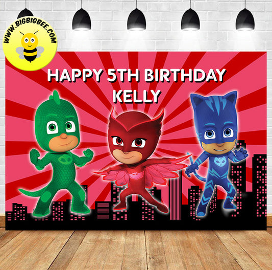 Custom PJ Masks Owlette Gekko Connor Catboy Red Theme Birthday Banner Backdrop