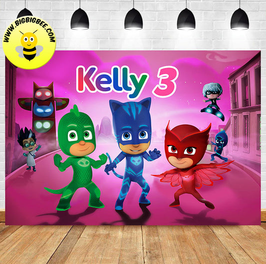 Custom PJ Masks Owlette Gekko Connor Catboy Pink Theme Birthday Banner Backdrop
