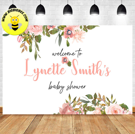 Custom Peach Rose Floral Theme Baby Shower Backdrop Banner
