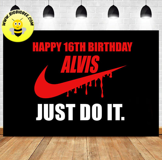 Custom Nike Just Do It Logo Red Black Theme Birthday Backdrop Banner Deliver to USA UK Australia Canada