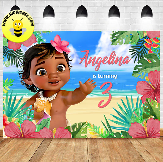 Custom Disney Baby Moana Floral Theme Birthday Backdrop Banner