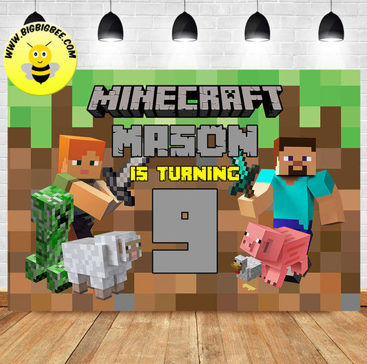 Custom Minecraft Game Steve Ender Alex Theme Birthday Backdrop Banner Deliver to USA UK Australia Canada