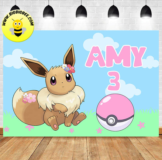 Custom Pokemon Eevee Pink Theme Birthday Backdrop Banner