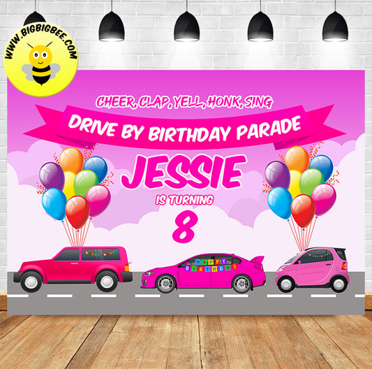 Custom Quarantine Car Parade Pink Theme Birthday Backdrop Banner