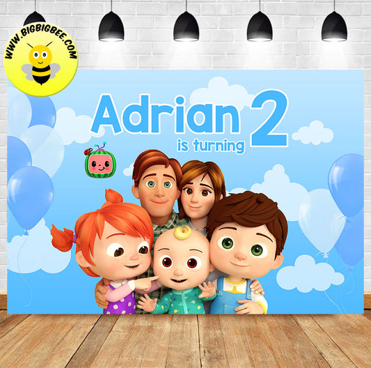 Custom Cocomelon Blue Sky Balloon Theme Baby Birthday Banner Backdrop