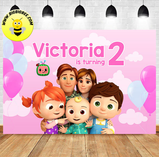 Custom Cocomelon Pink Sky Balloon Theme Baby Girl Birthday Banner Backdrop