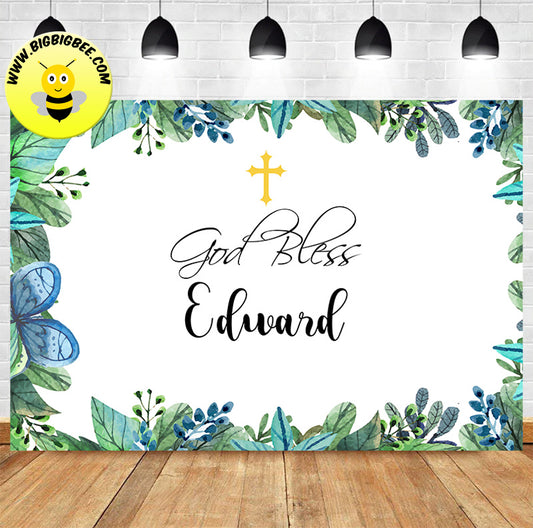 Custom Baptism Green Leaves Floral Theme Backdrop Banner
