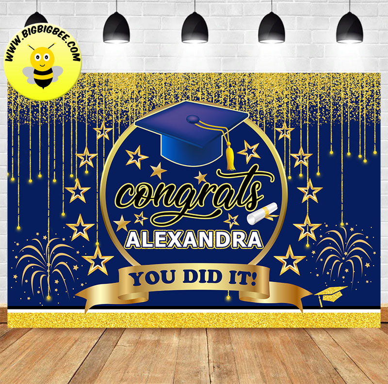 Custom University School College Graduation Gold Blue Theme Backdrop ...