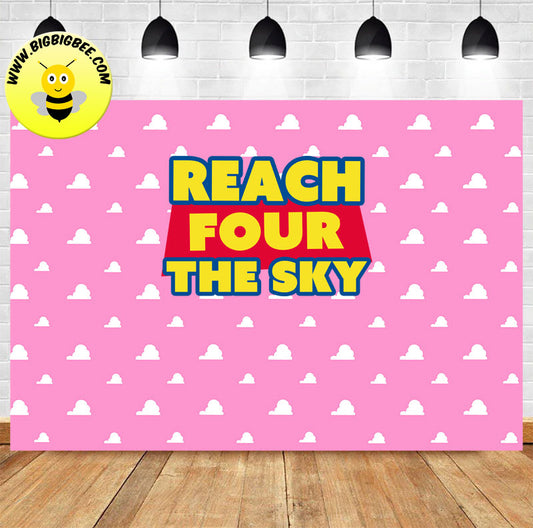 Custom Pink Toy Story Logo Reach Four the Sky Theme Birthday Backdrop Banner