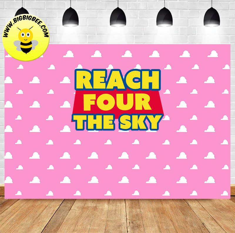 Custom Pink Toy Story Logo Reach Four the Sky Theme Birthday Backdrop Banner