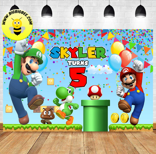 Custom Super Mario Bros Supermario Luigi Blue Theme Birthday Backdrop Banner