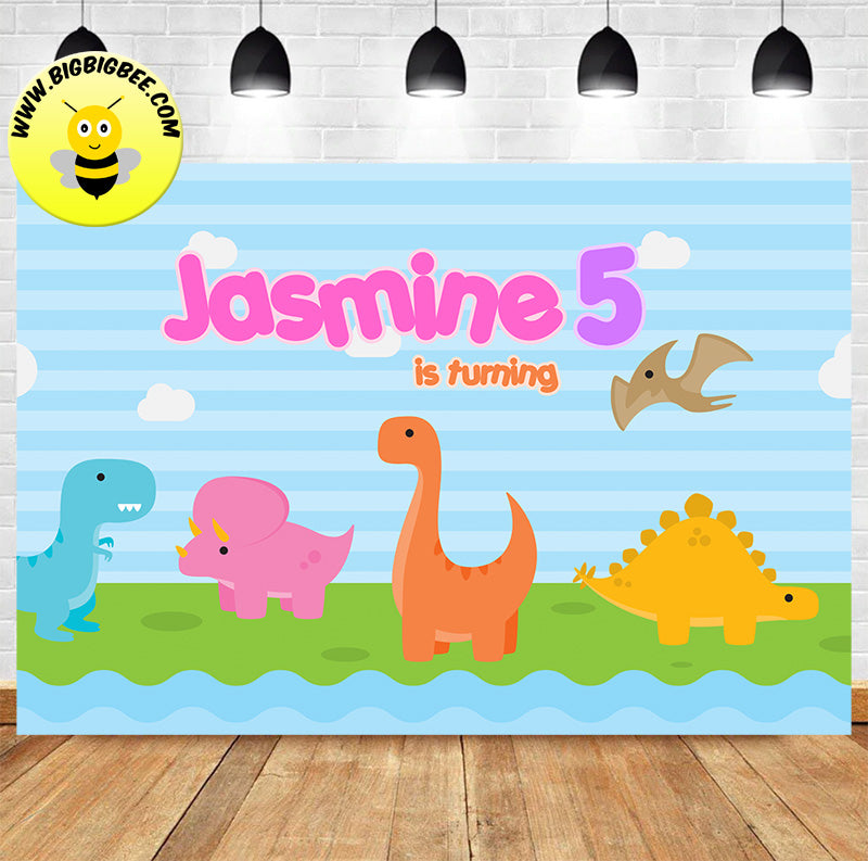 Custom Dinosaur Blue Color Theme Birthday Backdrop Banner Deliver to USA UK Australia Canada