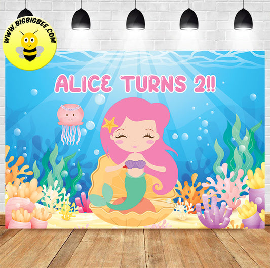 Custom Disney Princess Ariel The Little Mermaid Birthday Backdrop Banner Deliver to USA UK Australia Canada