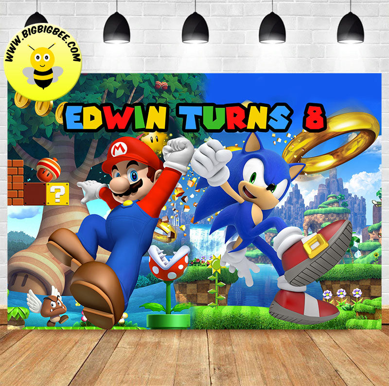 Custom Sega Sonic Super Mario Birthday Backdrop